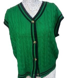 Women’s Large Green Knit Vest Blue Trim Cottagecore Preppy Layering Sweater